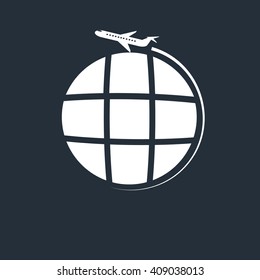 Globe with airplane icon, vector illustration. Flat design style