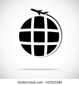 Globe with airplane icon, vector illustration. Flat design style
