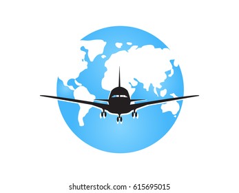 Globe, airplane, icon, vector illustration