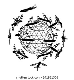 Globe with airplane isolated over white. Vector illustration.