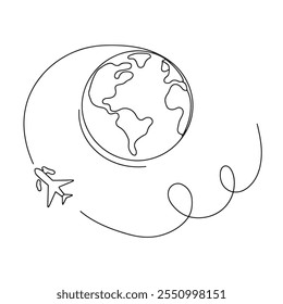 Globe with Airplane Line Art 