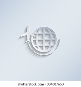 globe with airplane - paper vector icon