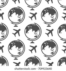 Globe and airplane seamless pattern - geographical or travel background. Vector illustration