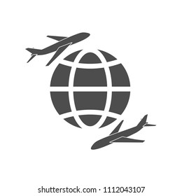 Globe with airplane sign icon. Flat design.
