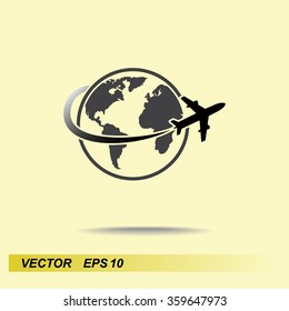 Globe with airplane sign icon, vector illustration. Flat design style 