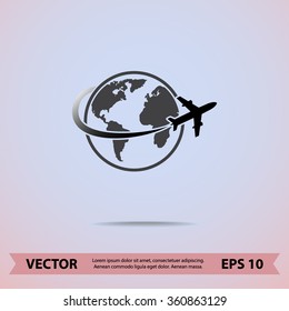 Globe with airplane sign icon, vector illustration. Flat design style 