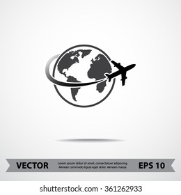 Globe with airplane sign icon, vector illustration. Flat design style 