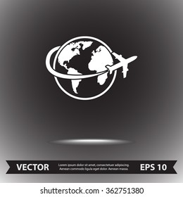 Globe with airplane sign icon, vector illustration. Flat design style 