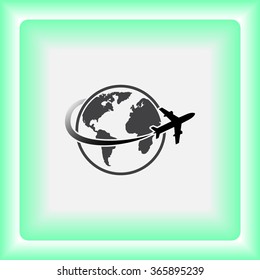 Globe with airplane sign icon, vector illustration. Flat design style 