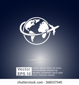 Globe with airplane sign icon, vector illustration. Flat design style 
