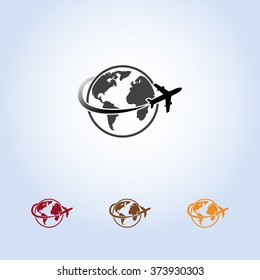 Globe with airplane sign icon, vector illustration. Flat design style 