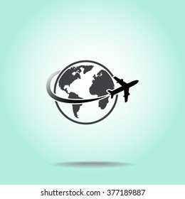 Globe with airplane sign icon, vector illustration. Flat design style 