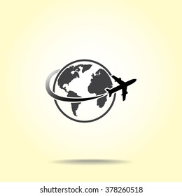 Globe with airplane sign icon, vector illustration. Flat design style 