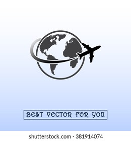 Globe with airplane sign icon, vector illustration. Flat design style 
