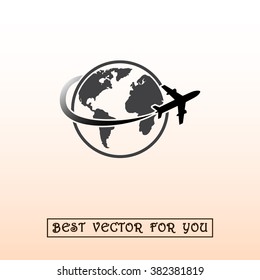 Globe with airplane sign icon, vector illustration. Flat design style 