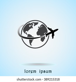 Globe with airplane sign icon, vector illustration. Flat design style 