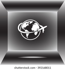 Globe with airplane sign icon, vector illustration. Flat design style 