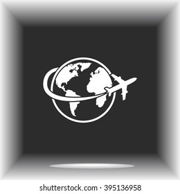 Globe with airplane sign icon, vector illustration. Flat design style 