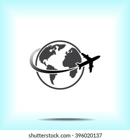 Globe with airplane sign icon, vector illustration. Flat design style 