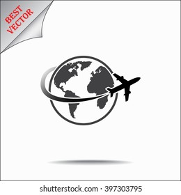 Globe with airplane sign icon, vector illustration. Flat design style 