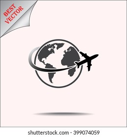 Globe with airplane sign icon, vector illustration. Flat design style 