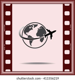 Globe with airplane sign icon, vector illustration. Flat design style 