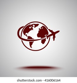Globe with airplane sign icon, vector illustration. Flat design style 