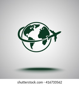Globe with airplane sign icon, vector illustration. Flat design style 