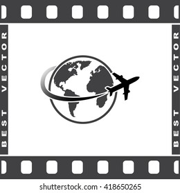 Globe with airplane sign icon, vector illustration. Flat design style 