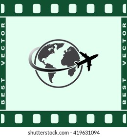 Globe with airplane sign icon, vector illustration. Flat design style 
