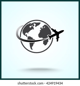 Globe with airplane sign icon, vector illustration. Flat design style 
