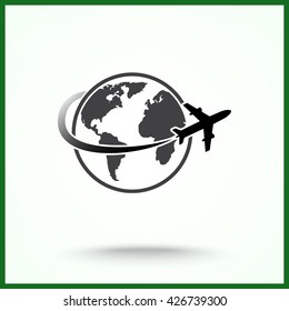 Globe with airplane sign icon, vector illustration. Flat design style 