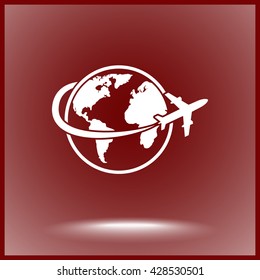 Globe with airplane sign icon, vector illustration. Flat design style 