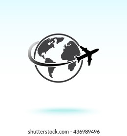 Globe with airplane sign icon, vector illustration. Flat design style 