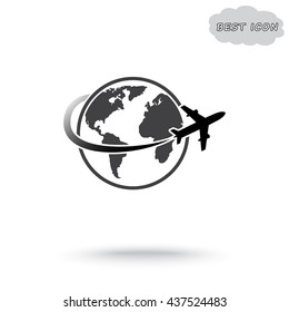 Globe with airplane sign icon, vector illustration. Flat design style 