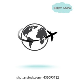 Globe with airplane sign icon, vector illustration. Flat design style 