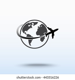 Globe with airplane sign icon, vector illustration. Flat design style 
