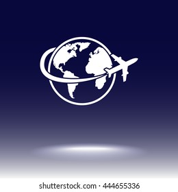 Globe with airplane sign icon, vector illustration. Flat design style 