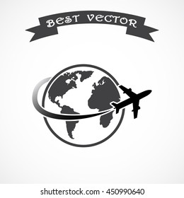 Globe with airplane sign icon, vector illustration. Flat design style 