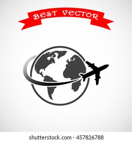 Globe with airplane sign icon, vector illustration. Flat design style 