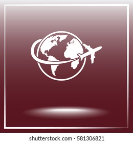 Globe with airplane sign icon, vector illustration. Flat design style 