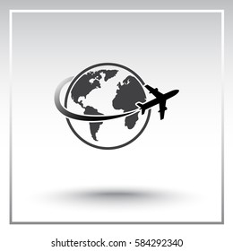 Globe with airplane sign icon, vector illustration. Flat design style