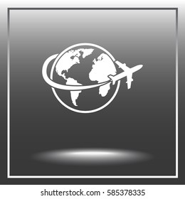 Globe with airplane sign icon, vector illustration. Flat design style 