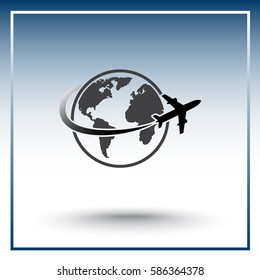 Globe with airplane sign icon, vector illustration. Flat design style 