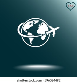 Globe with airplane sign icon, vector illustration. Flat design style 