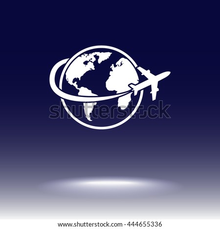 Globe with airplane sign icon, vector illustration. Flat design style 