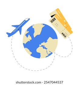 Globe With Airplane And Tickets In Flat Vector Illustration Symbolizing International Travel, Global Exploration, And Flight Bookings, Isolated On White Background.