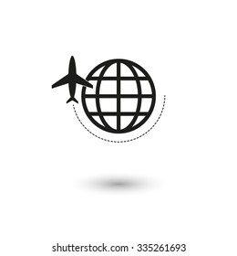 globe with airplane  - vector icon