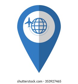 globe with airplane - vector icon; blue map  pointer