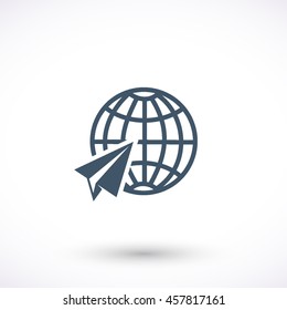 Globe with airplane vector icon. Graphic symbol for web design, logo. Isolated sign on a white background.